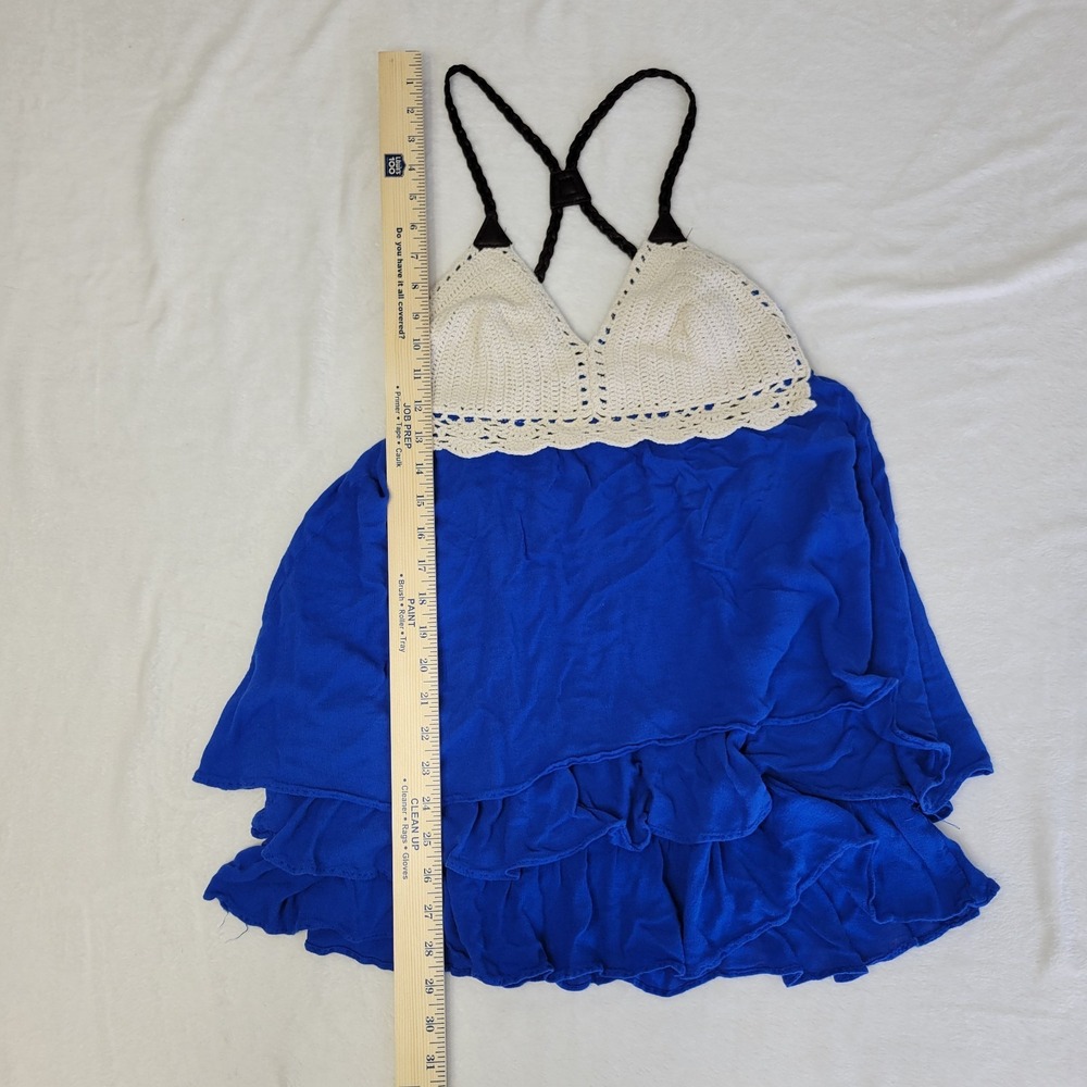 Double Zero Blue & Beige Boho Crochet Ruffled Strappy Tank Top Size S - Picture 4 of 7